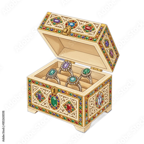 Ornate Treasure Chest Filled With Sparkling Rings.