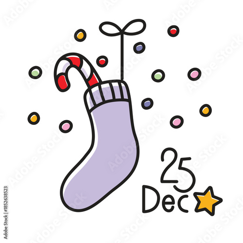 Cartoon christmas stocking with candy and 25 dec