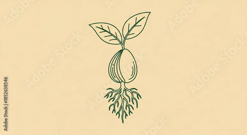 Minimalist green plant sprout with roots and leaves on beige background