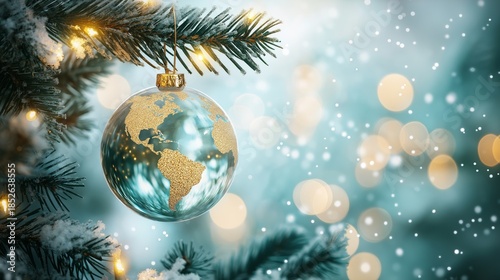 Decorative globe ornament shows world map with snow and lights in holiday setting