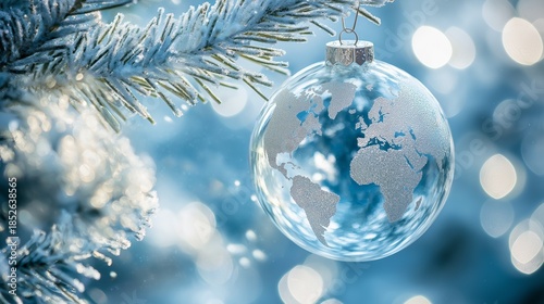 Christmas globe shows world map on a decoration hanging from a tree surrounded by blue and white blurred lights