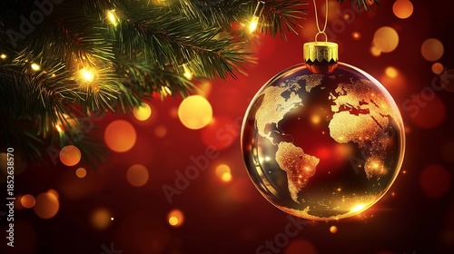 Globe ornament showing a world map hangs from a green pine tree branch at Christmas time with warm lights in the background