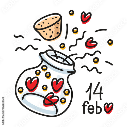 Cartoon jar popping cork with floating hearts