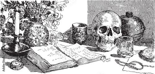 Still life featuring a skull, candle, and book. Vintage vector illustration with a vase, flowers, and glass on the table, showcasing classic details.