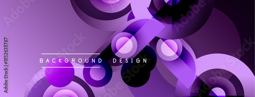 Abstract purple design features overlapping circles, gradients, lines. Modern aesthetic suitable for backgrounds, presentations.