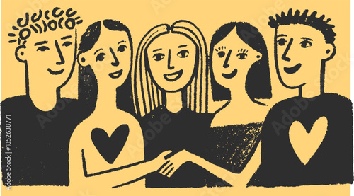 Group of friends illustrated in a simple flat style. Colorful vector illustration showcasing connection and harmony with hearts symbolizing relationships.