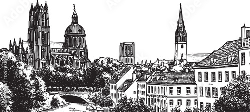 A city skyline featuring historical buildings and towers. Detailed vector illustration of urban architecture and scenery set in black and white.