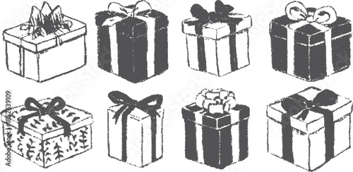 Vector illustration of decorated gift boxes. Simple hand-drawn style featuring various patterns and ribbons in monochrome colors.