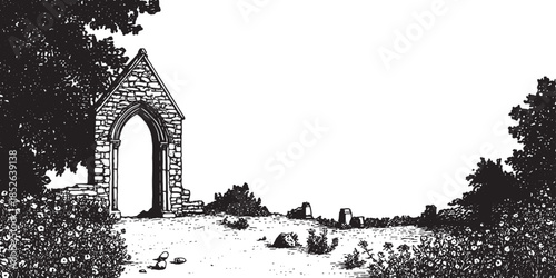 Gate arch in a ruined state, surrounded by grass and flowers. A black and white vector illustration showcasing the outdoor landscape.