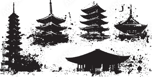 Silhouettes of various pagoda temples in black and white. Simple set of artistic vector illustrations showcasing traditional architecture.