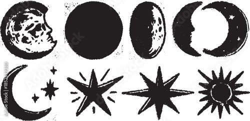 Moon and star symbols in a simple linocut style. Black vector illustration set featuring various celestial shapes and patterns.