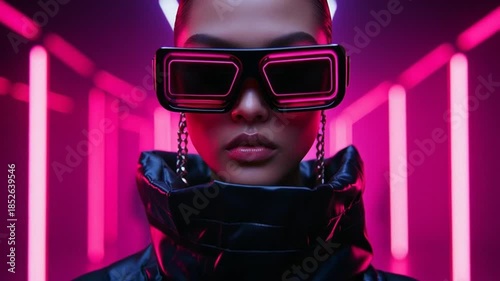 Woman in futuristic outfit and sunglasses standing in neon lit room