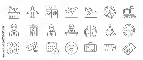 Airport and Aviation Line Icon Set for Transportation