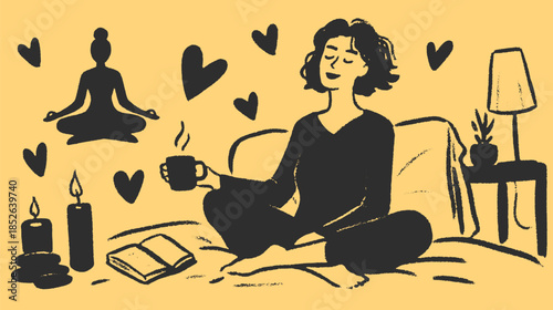 Woman enjoying coffee while meditating in a cozy home. Simple black and white vector illustration features candles, a book, and calming decor.