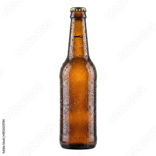Tableau sur toile Cold brown beer bottle with condensation on transparent background