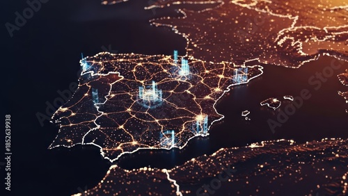 Glowing map of Iberian Peninsula with city light clusters and connected infrastructure