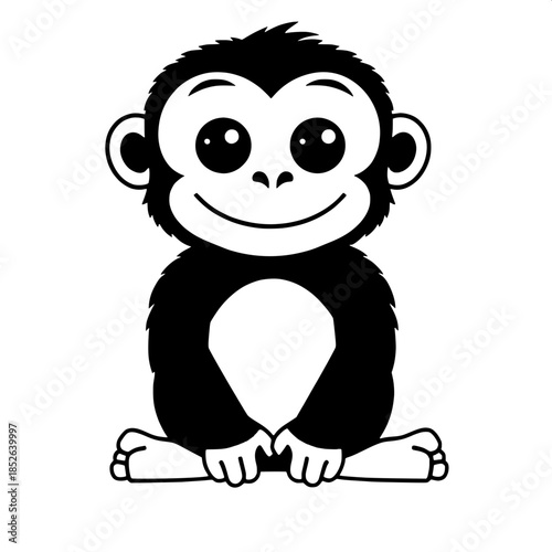 Minimalist black-and-white cartoon monkey with large round expressive eyes and a broad smiling face, sitting calmly with legs crossed in a serene pose, flat vector illustration style with bold lines a