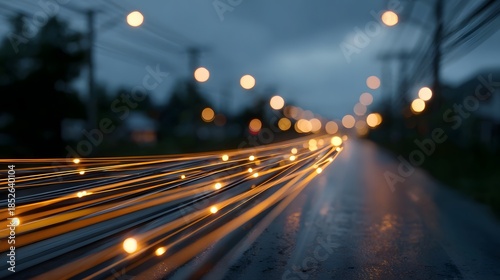 Abstract digital light streams flow along a wet road at twilight symbolizing data transmission and network connections