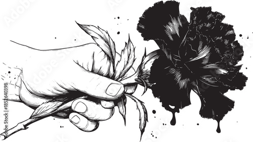 A hand holding a carnation flower in black lineart style. Detailed vector illustration showcasing nature's elegance in a unique design.