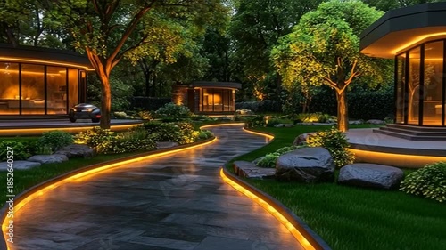 Modern home with illuminated pathway in serene forest setting