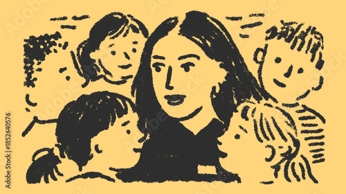 Illustration of a group interacting. A female character guides children in a simple, vector style, showcasing connection and learning.