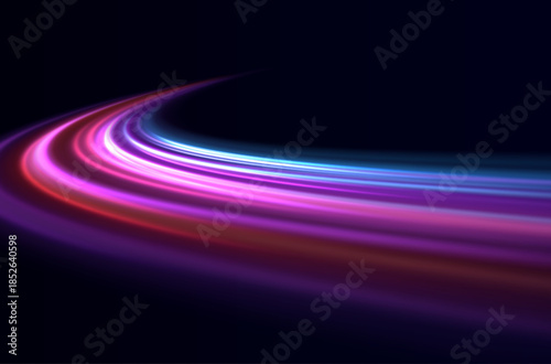 Dynamic, curved light trails create a sense of speed, energy, and digital flow. Luminous wave effect for sci-fi concepts, innovative visualizations, presentations, and creative digital projects.