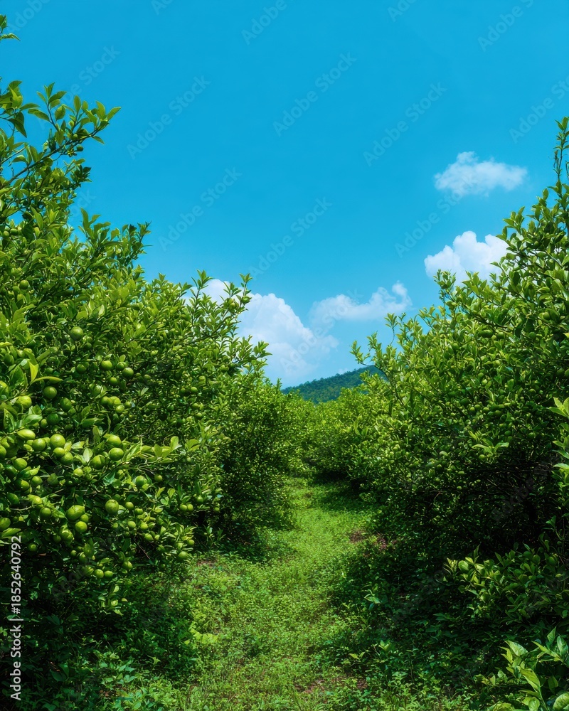 Obraz premium A vast lime plantation stretches to the horizon, rows of vibrant green lime trees under a bright blue sky with fluffy white clouds creating a picturesque scene.
