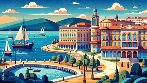 Very beautiful view of Trieste’s grand waterfront square facing the Adriatic Sea, showcasing elegant architecture, open horizons, and a unique blend of Italian and Central European character.