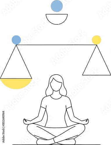 Minimalist illustration of a woman meditating beneath a balancing scale symbolizing work life balance and harmony concept