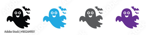 Colorful ghost icons with bats for Halloween or spooky designs.
