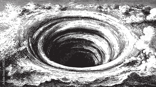 Hurricane vector illustration with swirling vortex. Monochrome diagram of a stormy weather phenomenon and its atmospheric effects.
