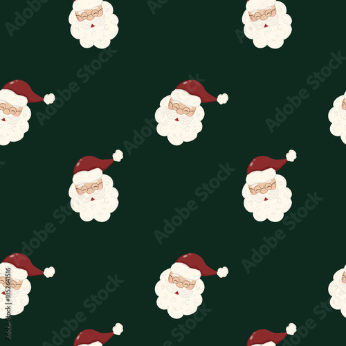 Pattern of Santa faces with red hats on a dark green background suitable for holiday decoration or festive design
