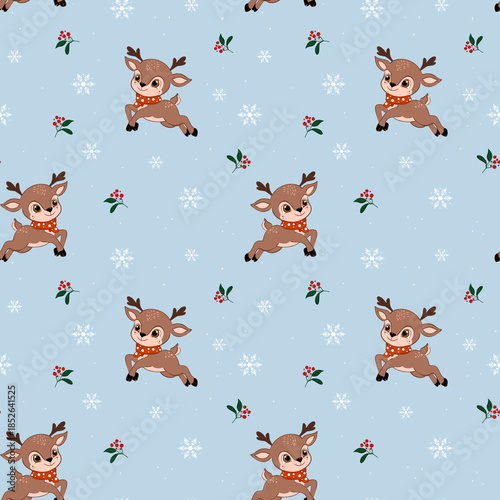 Cute deer with snowflakes and flowers on light blue background creates a festive and cheerful scene for holiday decorations and crafts