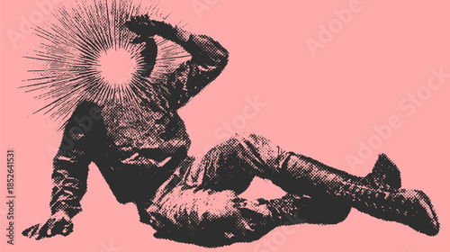 Vintage graphic illustration of a male figure with light emanating from the head. Unique vector set showcasing a blend of nostalgia and style.