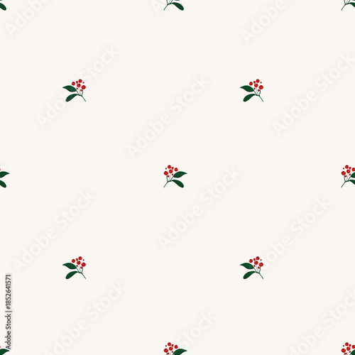 Small red flowers with leaves on light background create a simple pattern for design
