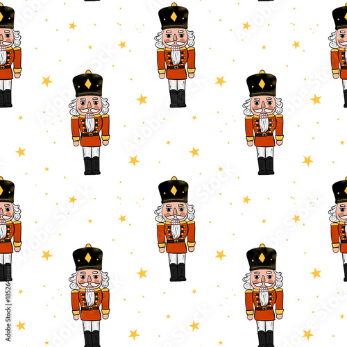 Nutcracker pattern with cartoon figures and stars on a light background for festive designs and decorations