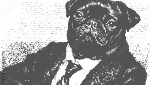 Pug dog portrait in a suit and tie. This vector illustration features a bold black and white drawing with a classic and whimsical style.