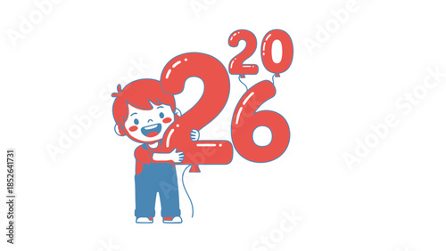 Happy cartoon boy holding red balloons with 2026 numbers, smiling and joyful
