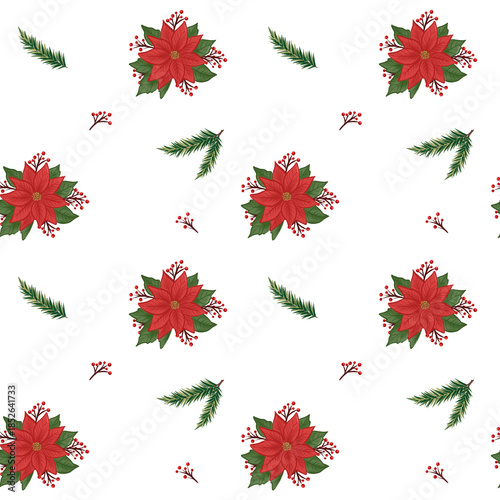 Floral pattern of red flowers and green leaves on a white background for home decor or festive design