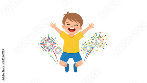 Happy cartoon boy jumping with colorful fireworks on joyful celebration background
