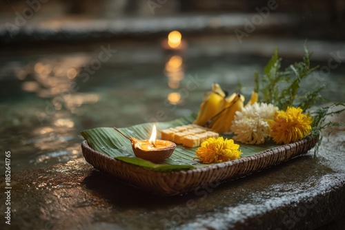 close up of chhath puja ritual offerings with oil lamp sweets bananas and flowers on woven tray floating on water, peaceful hindu worship scene from india focused on faith tradition and devotion