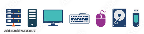 Comprehensive computer hardware and networking icon set including server rack monitor keyboard mouse hard drive and usb flash drive for IT tech services