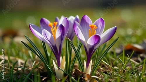 Close-up of vibrant purple and white crocus flowers blooming in green grass under sunlight, signaling the arrival of spring.