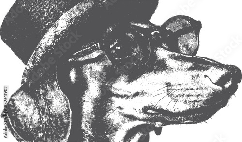 Vintage dog illustration with glasses and hat. This classic artwork features a stylized animal vector in black and white, perfect for various uses.