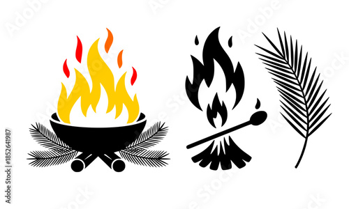 Campfire Bonfire Set, Burning Campfire Flames, Fire Pit with Logs, Palm Leaf and Burning Torch, Outdoor Campfire Silhouette, Campfire and Marshmallow Stick, Black and White Fire Pit Illustration