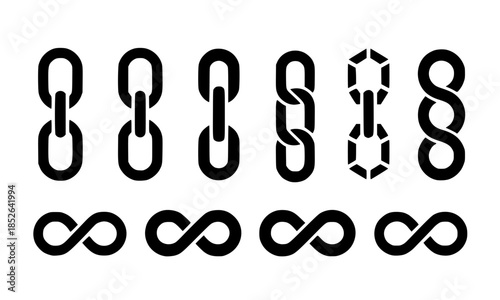 Chain Link and Infinity Symbol Set, Metal Chain Links Collection, Broken Chain Silhouette, Infinity Loop Icons, Chain Link Border, Infinity Symbol Vector Pack, Black and White Chain Illustration