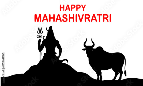 Happy Mahashivratri Silhouette Illustration, Lord Shiva with Trishul and Nandi Bull on Mountain, Mahadev and Bull Festival Scene, Traditional Maha Shivratri Greeting Design, Shiva Nandi Trishul Silhou
