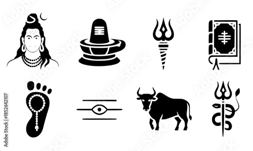 Maha Shivratri Icons Set, Lord Shiva Symbols Collection, Shiva Lingam, Trishul, Nandi Bull, Third Eye, Rudraksha, Holy Feet, Sacred Texts, Traditional Shivratri Elements Vector Pack, Hindu Spiritual