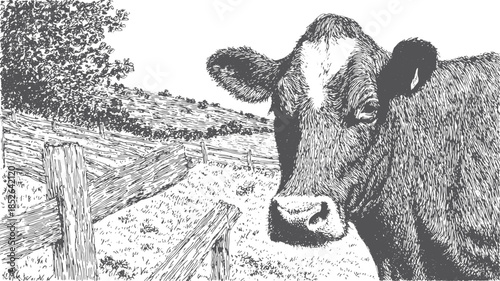 Cow in a rural landscape. Black and white vector illustration depicting fields and natural surroundings in a detailed style.