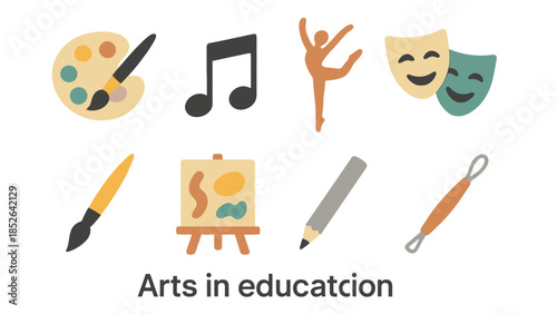 Arts in education concept with various creative tools and symbols illustration